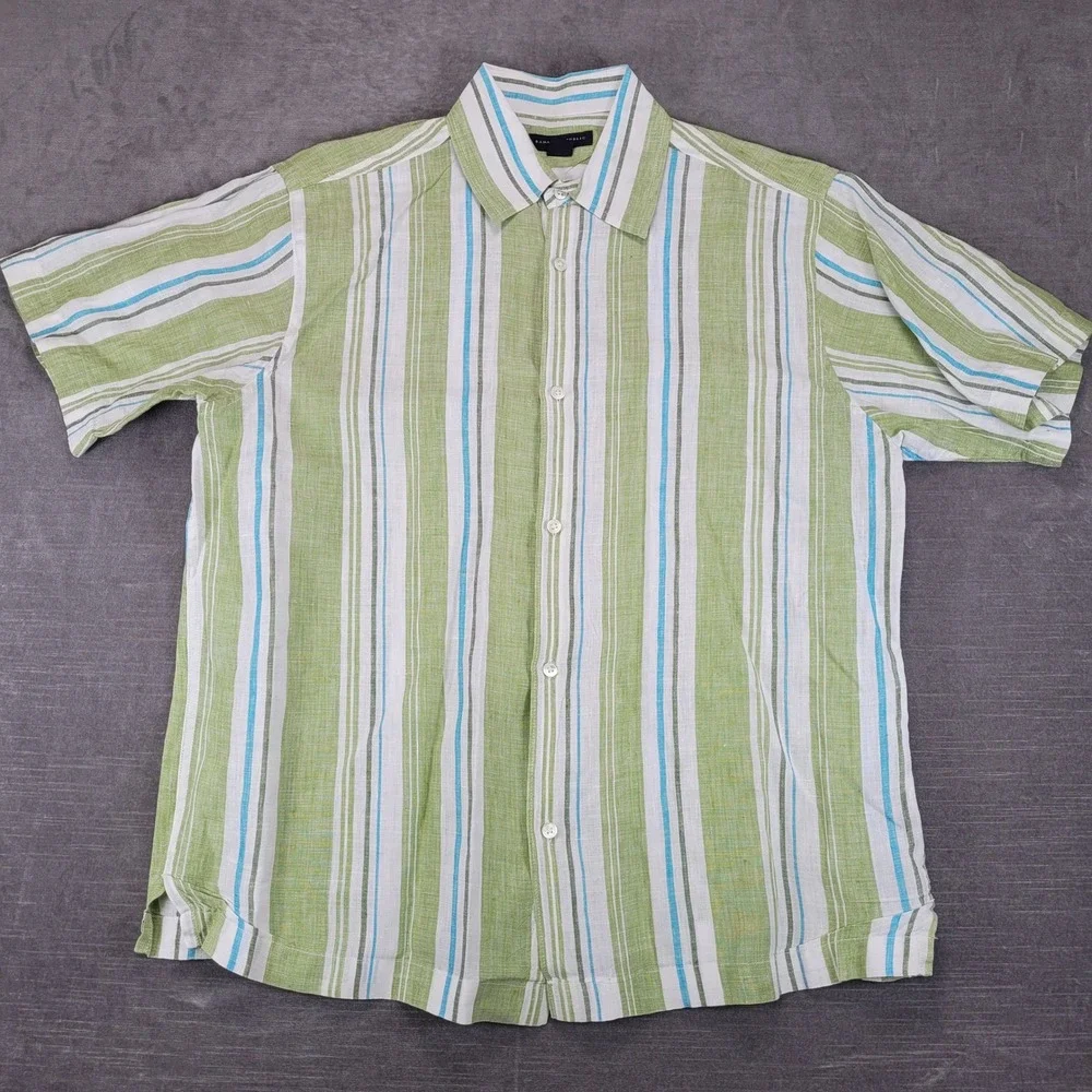 Banana Republic Mens Med Green White Blue Striped 100% Linen Short Sleeve Shirt